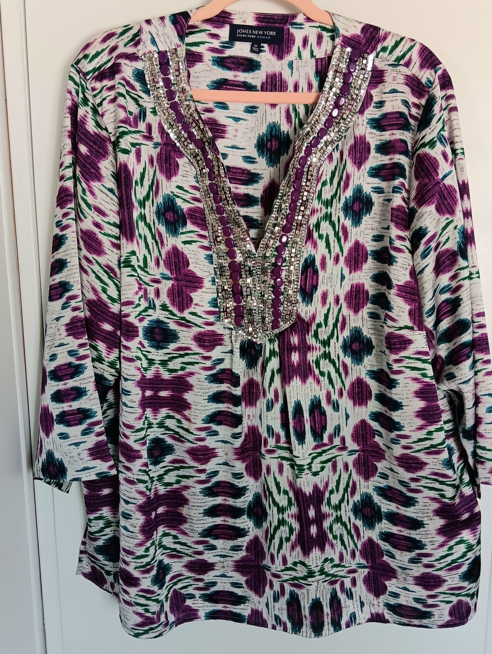 Jones New York Purple, Green & Teal Patterned Beaded Tunic Lightweight